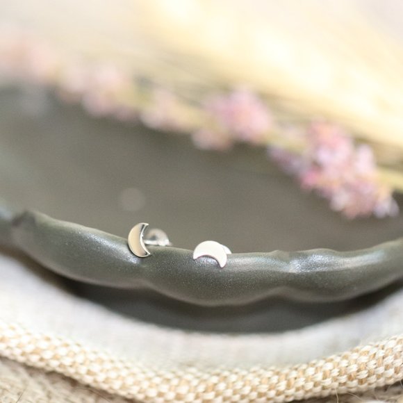 10K Solid White Gold "Garden Moon" Crescent Moon Earrings - by BrightlyandLilian - Picture 2 of 5